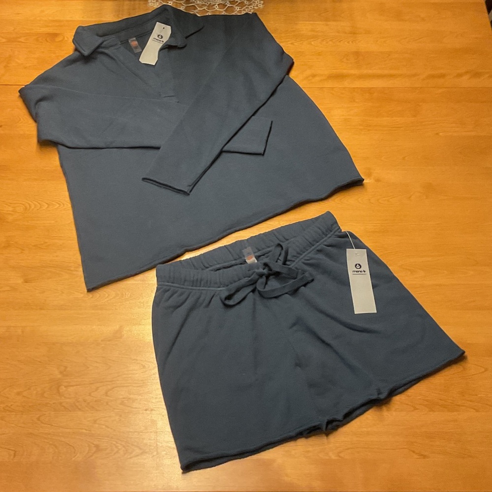 MONO B - French Terry Sweat Set. Pullover & Shorts, Navy, Small